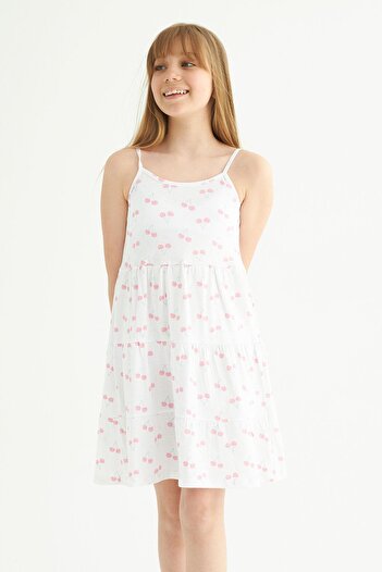 zepkids Round Neck Zero Sleeve Strap Cherry Pattern - White Color Girl's Dress