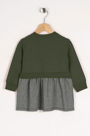 zepkids Crew Neck Long Sleeve Lovely Printed Skirt Plaid Khaki Color Girl's Dress