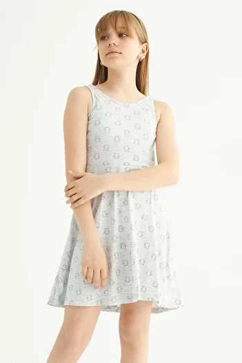 zepkids Round Neck Zero Sleeve Teddy Bear Metraj - Grimelange Color Girl's Dress