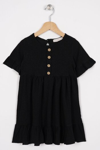 zepkids Crew Neck Short Sleeve Ruffled Buttoned Black Color Girl's Dress
