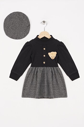 zepkids Half Turtleneck Long Sleeve Skirt with Pitched Button Detail Teddy Bear and Hat Gray Color Girl's Dress