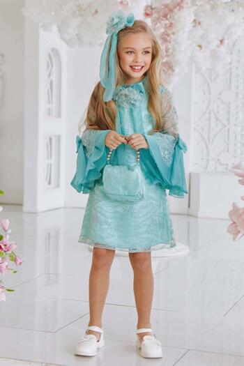 Riccotarz Girl's Lace Embroidered Bow Detailed Spanish Sleeve Aqua Green Dress