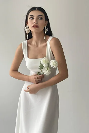 lovebox White Midi Flared Dress - Square Collar, Thick Strap - Designed 151