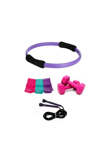 PLUSSPORT Pilates Set of 4 (1 Kg x 2 Dumbbells + 3-Piece Resistance Band + Jump Rope + Pilates Circle)