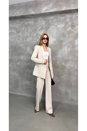 STMT BUTİK Κομψό Σετ Παντελόνι Blazer με Σατέν Λεπτομέρεια – Γυναικεία Μόδα