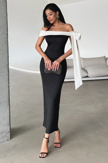 Trendyol Collection Schwarz-weißes, figurbetontes Schulter-Schleifen-detailliertes gestricktes, stilvolles Abendkleid, Nachtabendkleid TPRSS25EL00293