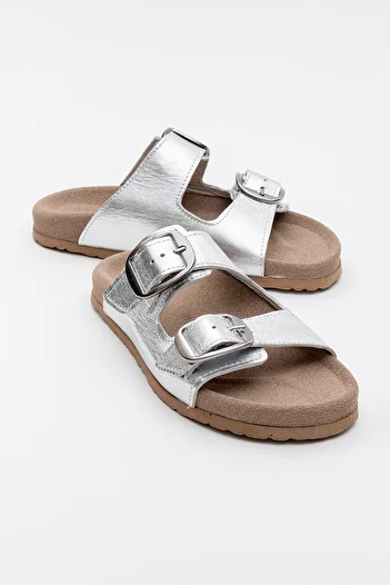 LuviShoes OVESTA Women's Slippers - Silver Genuine Leather, Double Banded