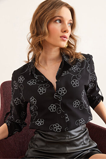 Olalook Women's Ivy Black Sleeve Fold Linen Shirt Gml- 19000825