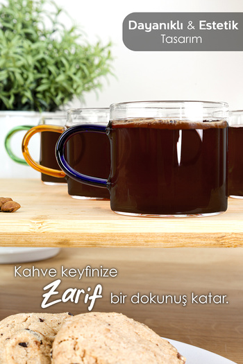 Meleni Home 6'lı Renkli Kulplu Kahve Fincan Takımı - Borosilikat Cam Espresso Kahve Bardağı 100 ml