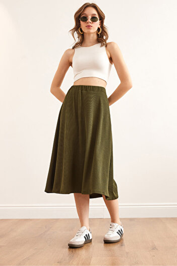 Olalook Women's Khaki Elastic Waist Flowy Twist Skirt Etk- 19000258