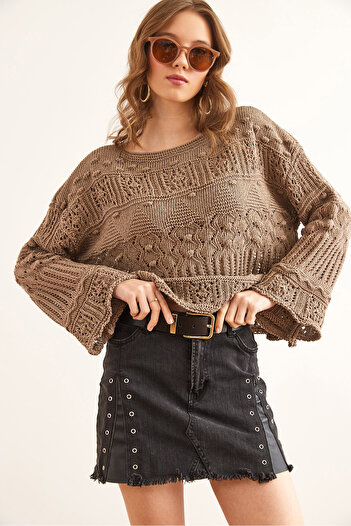 Olalook Women's Mink Mini Pompom Openwork Cotton Knitwear Blouse Blz- 19002336