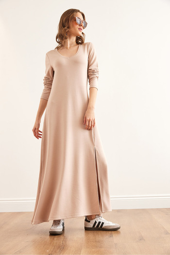 Olalook Women's Stone V-Neck Three Quarter Modal Tünel Maxi Dress Elb- 19002286
