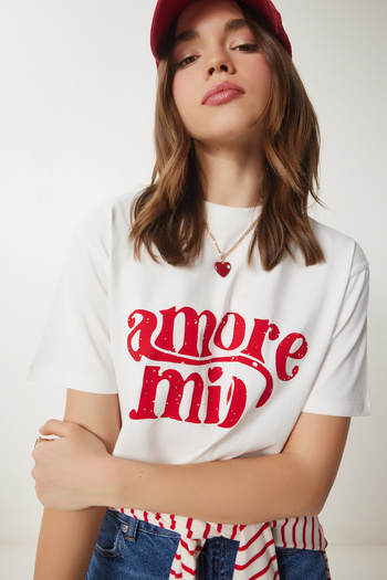 Happiness İstanbul Kurzes Damen-T-Shirt aus Baumwolle mit Ecru-Print CR00445