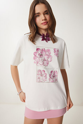 Happiness İstanbul Ecru bedrucktes Oversize-Strick-T-Shirt aus Baumwolle für Damen CR00456