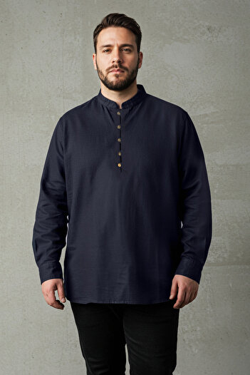 Trendyol Collection Navy Blue Plus Size Cotton Flam Prevailing Collar Half Placket Shirt Tmnss25Ax00006