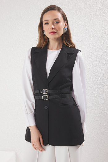 Trendyol Modest Black Double Belt Detailed Lined Woven Vest Tctss25Yl00002