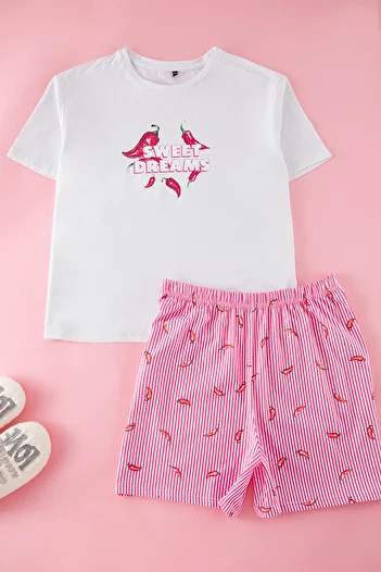 Trendyol Curve Pink 100% Cotton Striped Pepper Pattern Shorts Knitted Pajamas Set Tbbss25Ai00102