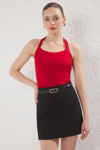 Trendyol Collection Red Square Collar Slim Halter Knitted Body Twoss25Bd00019