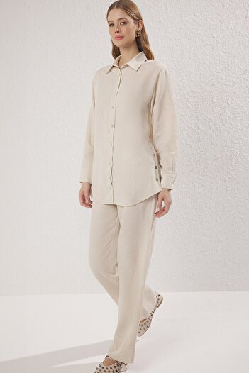 Trendyol Modest Beige Linen Look Mother of Pearl Button Woven Bottom-Top Set Tctss25Us00029