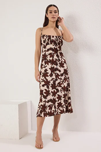 Trendyol Collection Brown Floral A-Line Midi Woven Dress Twoss25El00561