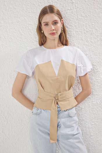 Trendyol Collection Beige Short Balloon Sleeve Belt Woven Woven Blouse Twoss25Bz00502
