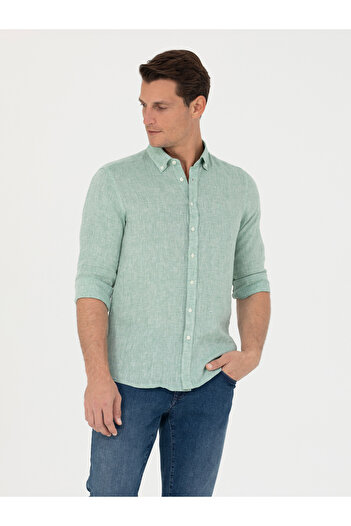 Cacharel Haki Slim Fit %100 Keten Gömlek 50269214-VR027