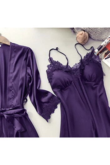 moda4b Kadın 5 Parça Saten Güpürlü Gecelik Gelin Çeyiz Seti 30740 Mor S