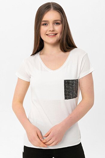 ŞİMAL Women's Pocket Sequin Embroidered V-Neck Oversize T-Shirt240079 -