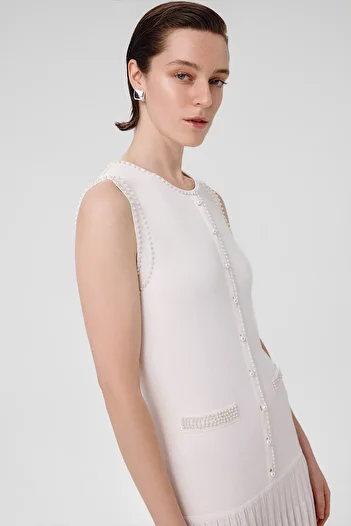 Triko Mısırlı Ecru Pearl Embroidered Skirt Pleated Long Dress