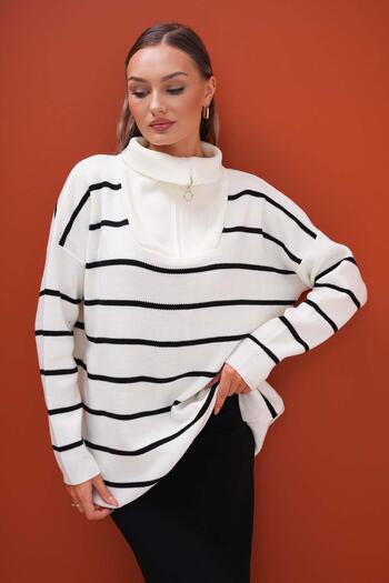 ŞİMAL Women's Striped Patterned Collar Zipper Detail Knitwear Loose Sweater 255043 -
