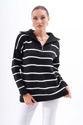 ŞİMAL Women's Striped Patterned Collar Zipper Detail Knitwear Loose Sweater 255043 -