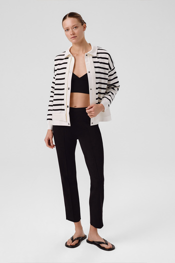 Triko Mısırlı Ecru Black Striped Women's Jacket