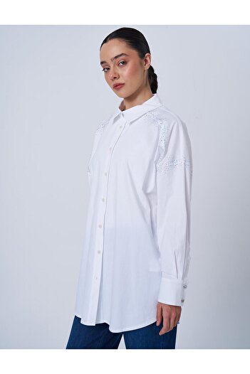Kayra Wide Cuff Hotfix Printed Cotton Tunic Optical White