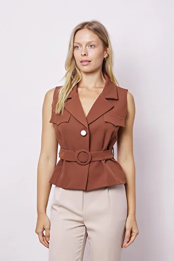 Jument Women's Stylish Vest with Belted Collar and Buttons - Lightweight Lycra Plate