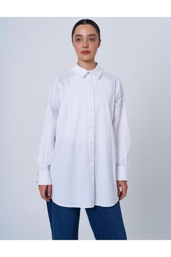 Kayra Wide Cuff Hotfix Printed Cotton Tunic Optical White