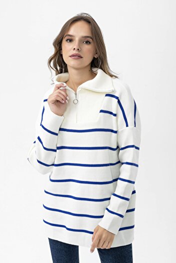 ŞİMAL Women's Striped Patterned Collar Zipper Detail Knitwear Loose Sweater 255043 -