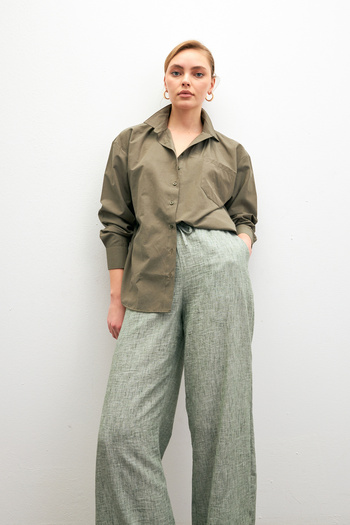 Ladima Women's Khaki Oversize Basic Pocket Detailed Poplin Long Sleeve Shirt