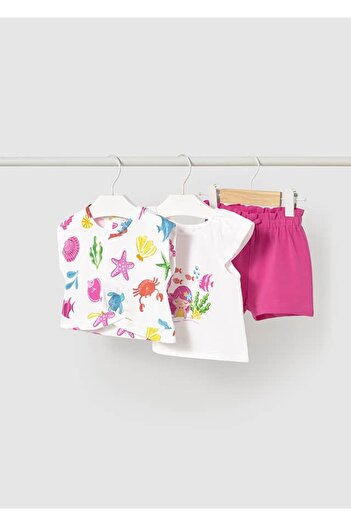 MAYORAL 1232 Girl's 3-Piece Top and Bottom Tshirt Shorts Set Fuchsia