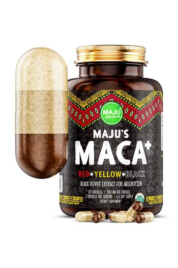Maju Superfoods 4-in-1 Maca Root Capsules, Organic Black, Yellow, Red Roots, Black Pepper (120 ct) | 60,000 mg