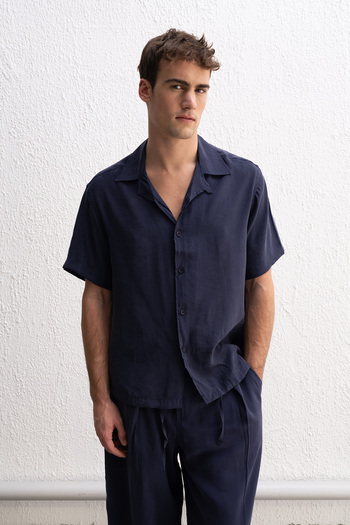 GIESTO Dark Blue Shirt with Draped Laces