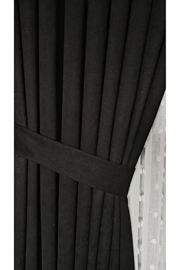 Yuka Diamond Double Wing Black Velvet Textured Closely Pleated Plain Island Background Curtain Sade90 X 250