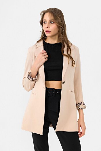 ŞİMAL Women's Lining Leopard Print Single Button Closure Blazer Jacket 255257 -