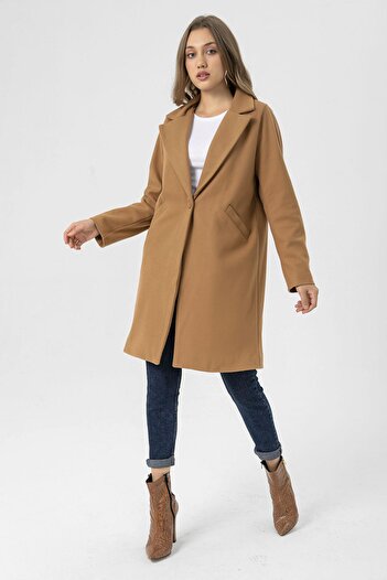 ŞİMAL Women's Oversize Cashmere Coat with Button Closure and Pocket Detail - 255133 -