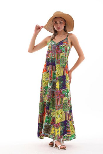 ŞİMAL Women's Rope Strap Ethnic Patterned Long Dress 250216 -