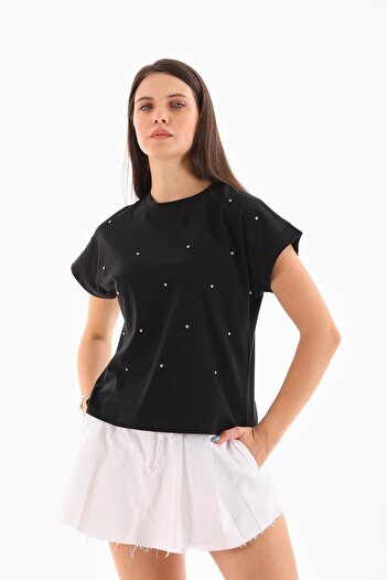 ŞİMAL Women's Front Stone Detailed T-Shirt 250062   -