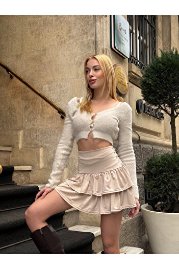 hazelin Women's Cream Bird-Eye Frilly Detailed Mini Skirt Hzl25W-Zk11391