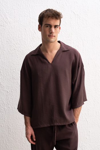 GIESTO Drape Oversize Brown Shirt