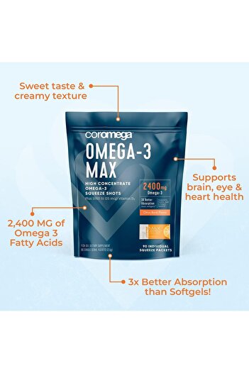 Coromega 2400mg Omega-3 Fish Oil + Vitamin D, Wild-Caught, No Fishy Taste, Brain & Heart (60 Servings)