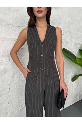 Elif Özbey Butik Anthracite Striped Bow Detailed Vest Set