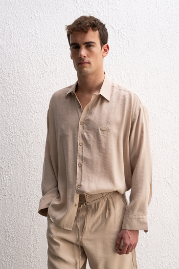 GIESTO Draped Long Sleeve Beige Shirt